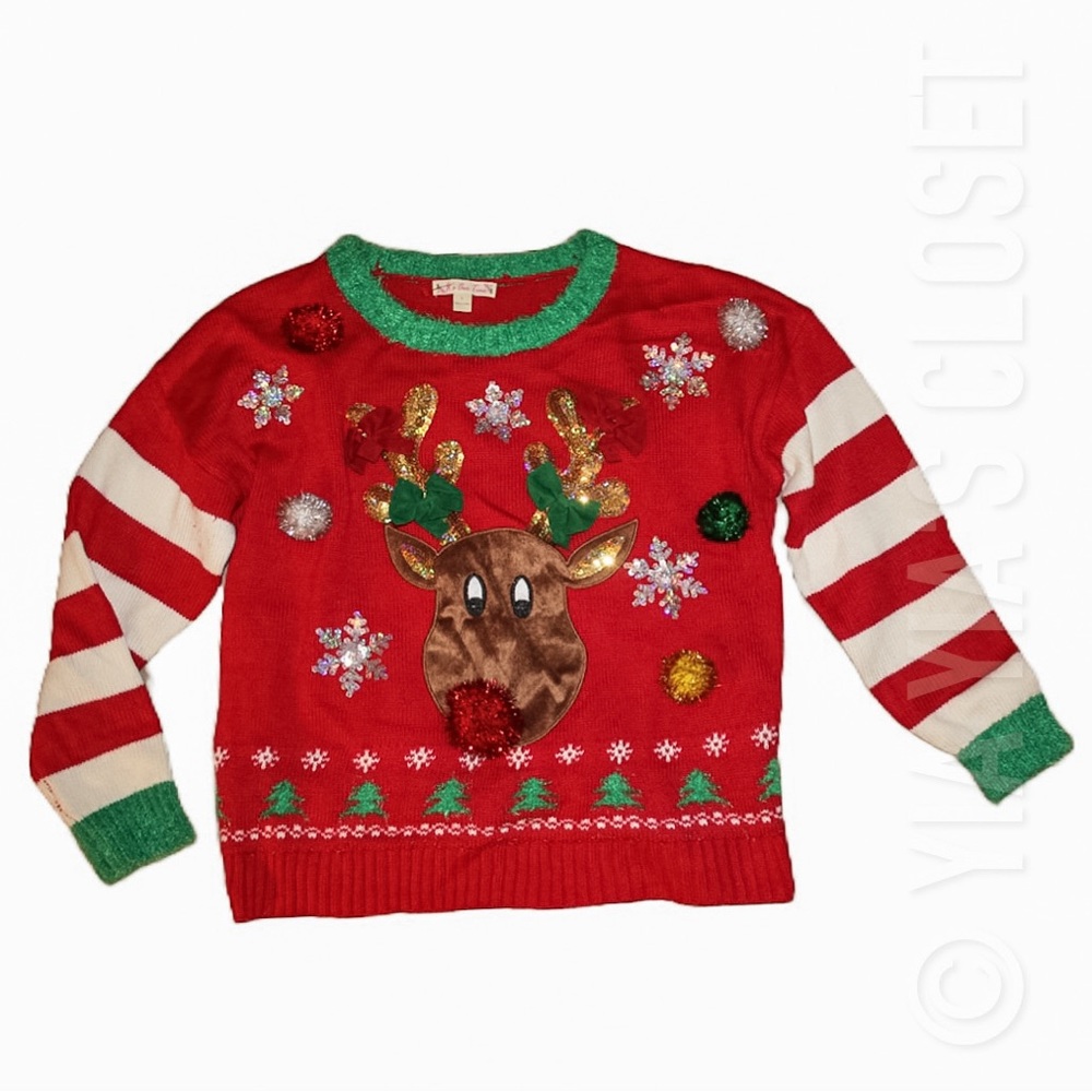 It's Our Time - Size LG Ugly Holiday/Christmas Party Sequin Reindeer Sweater